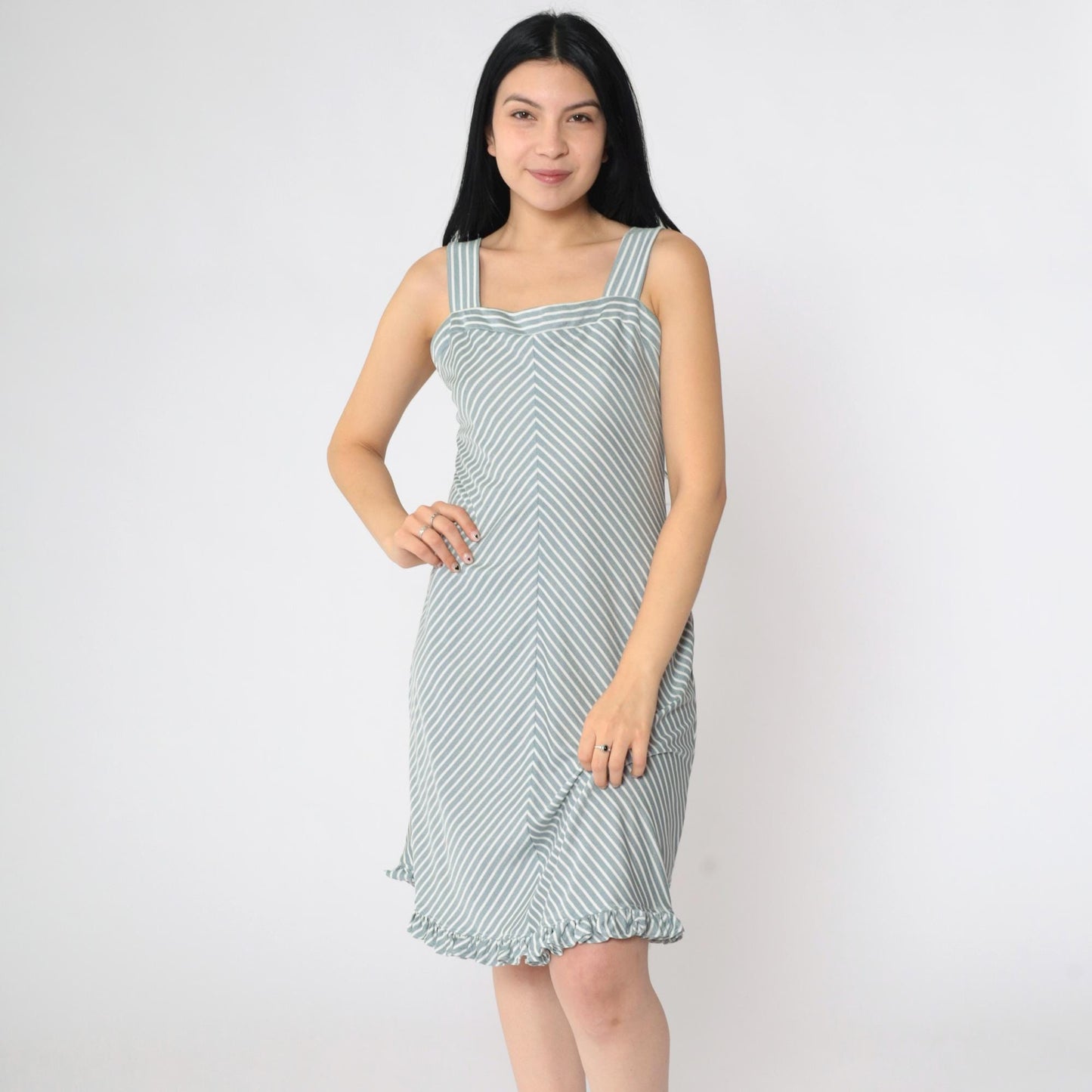 70s Chevron Striped Sundress Silver White Knee-Length Tank Small
