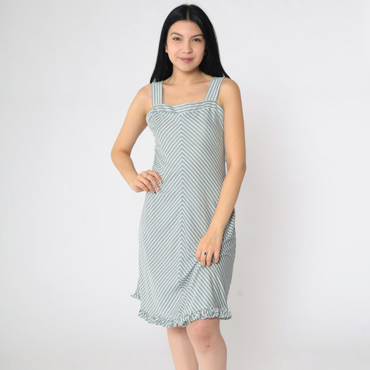 70s Chevron Striped Sundress Silver White Knee-Length Tank Small