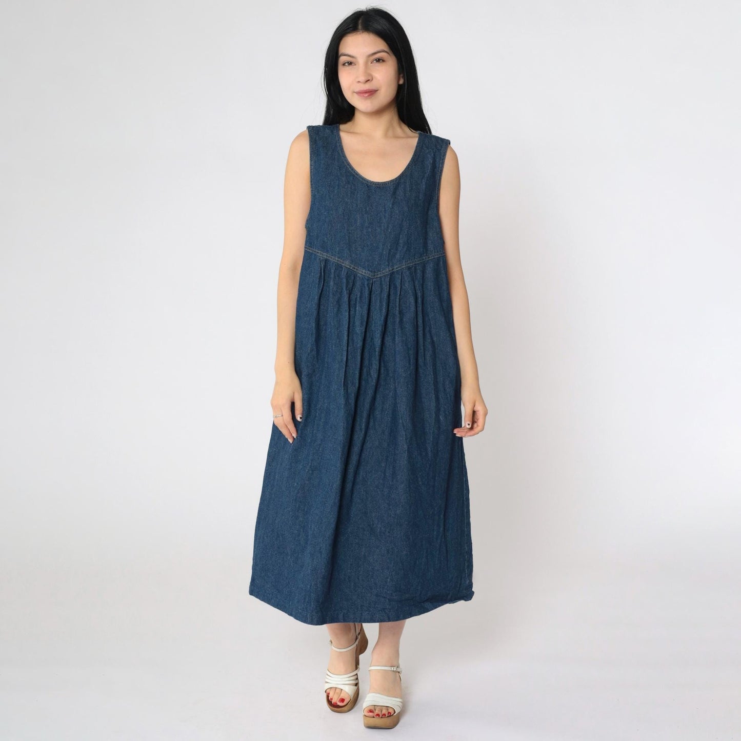 90s Dividends Maternity Denim Midi Dress Dark Blue Pleated High Waist Medium M