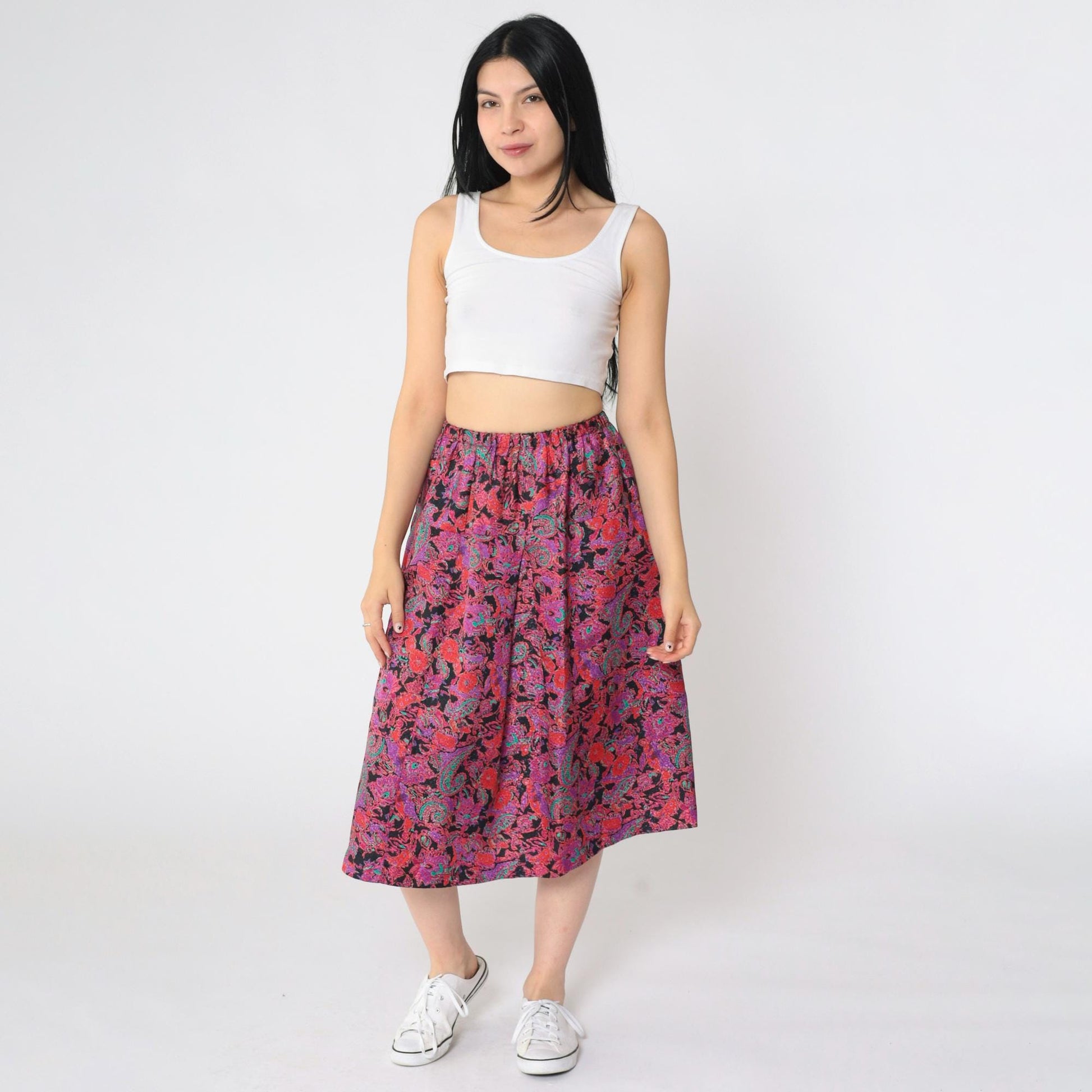 80s Paisley Floral Jacquard A-Line Midi Skirt Red Purple Elastic Waist Small Medium