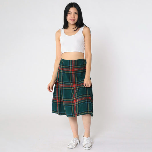70s Green Plaid Wool Midi Skirt High Waisted Pleated Small S