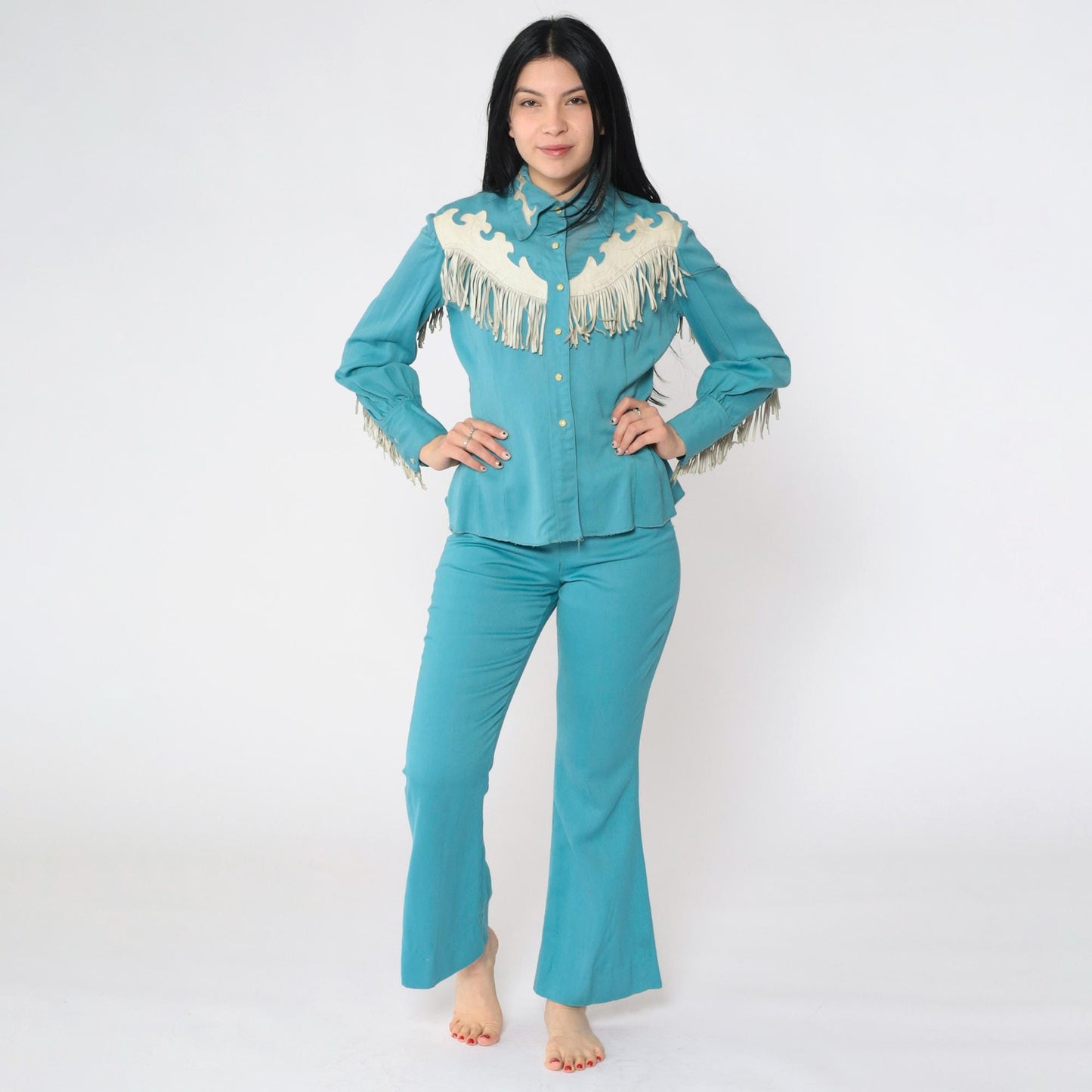 1950s Hillbilly Westerns Turquoise Leather Fringe Two-Piece Set Extra Small