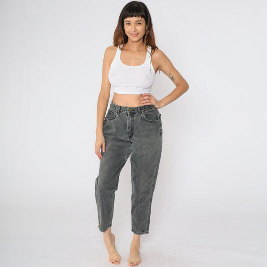 90s Chic Faded Black High-Waisted Tapered Jeans Medium