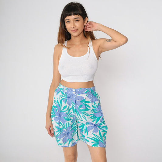 90s New Aura Floral Shorts Teal Periwinkle High Waisted Pleated Rayon Small