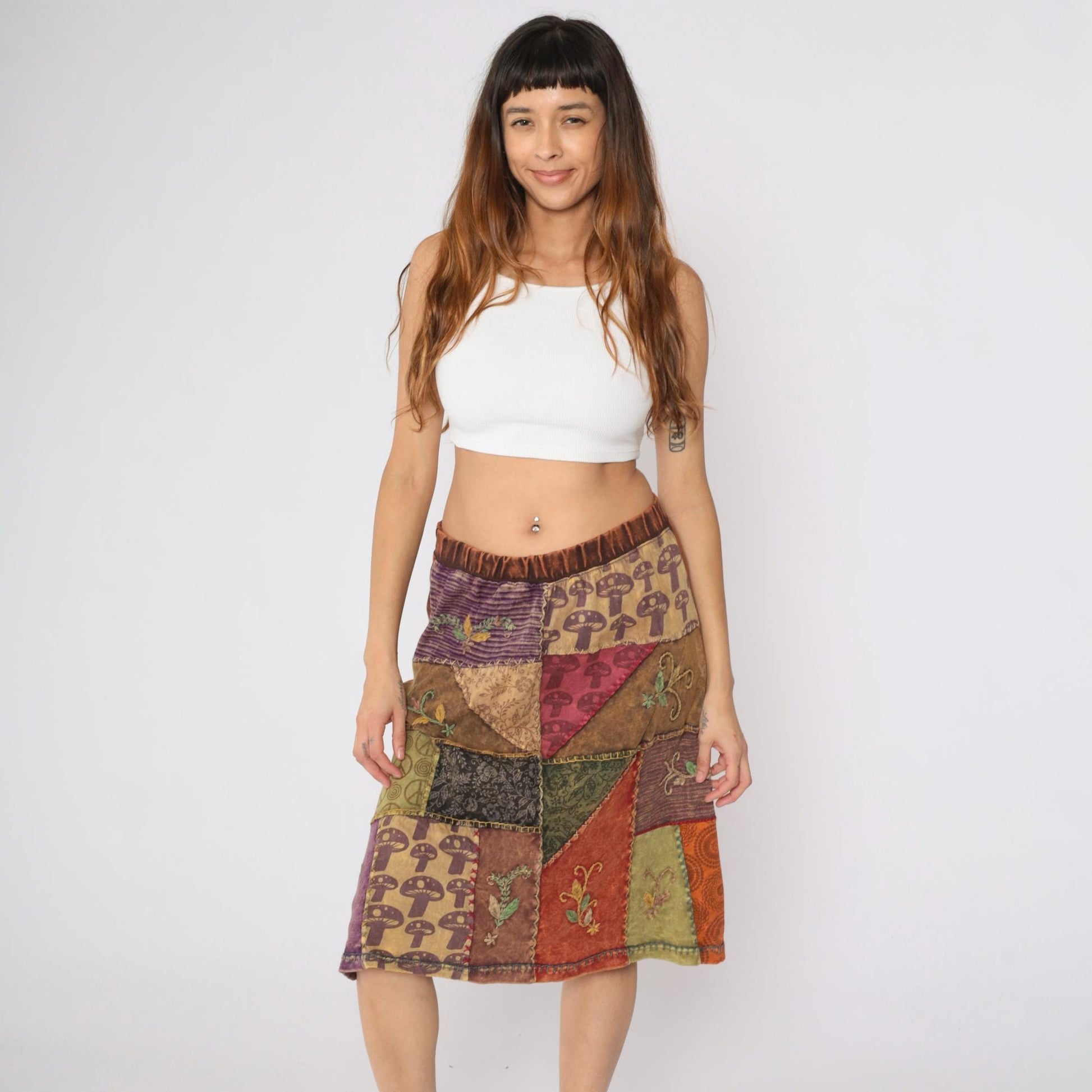 Y2K Patchwork Midi Skirt Brown Mushroom Floral Peace Sign Cotton Large L