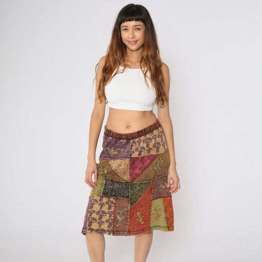 Y2K Patchwork Midi Skirt Brown Mushroom Floral Peace Sign Cotton Large L