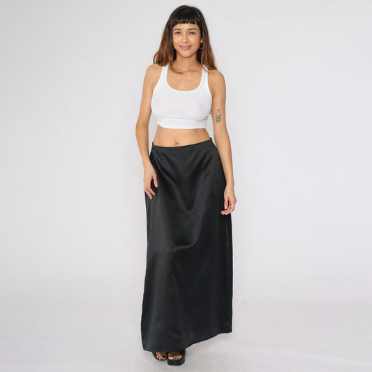 Black Satin Maxi Skirt High Waisted A-Line Column Southeastern Performance Apparel Size 14