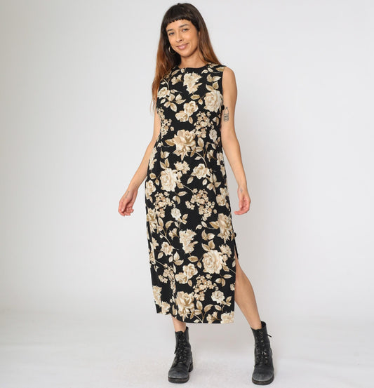 90s R & K Originals Black Floral Rose Midi Dress Sleeveless High Neck Medium 10