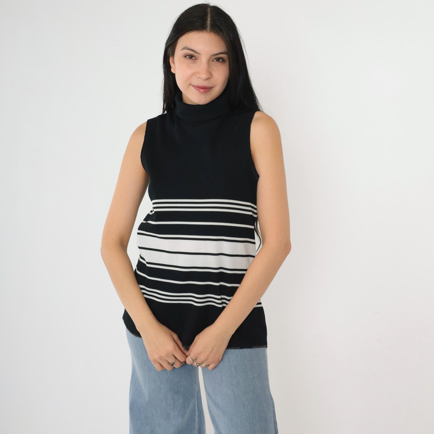 70s Black White Striped Mock Neck Tank Top Zip Back Small S