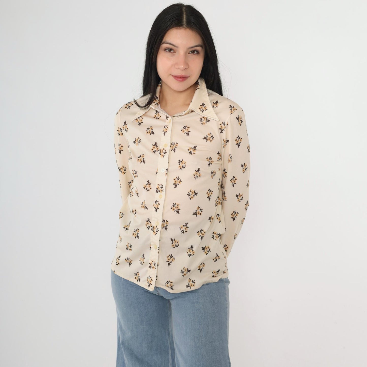70s Floral Cream Button-Up Blouse Pointed Collar Long Sleeve Small
