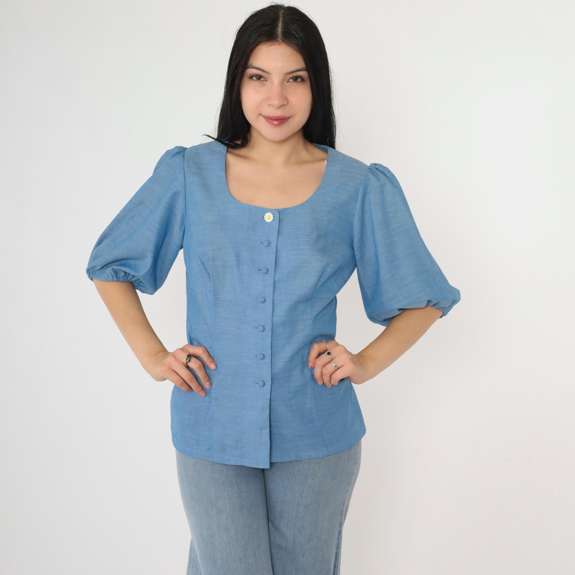 70s Alice of California Blue Puff Sleeve Button-Up Blouse Scoop Neck Small