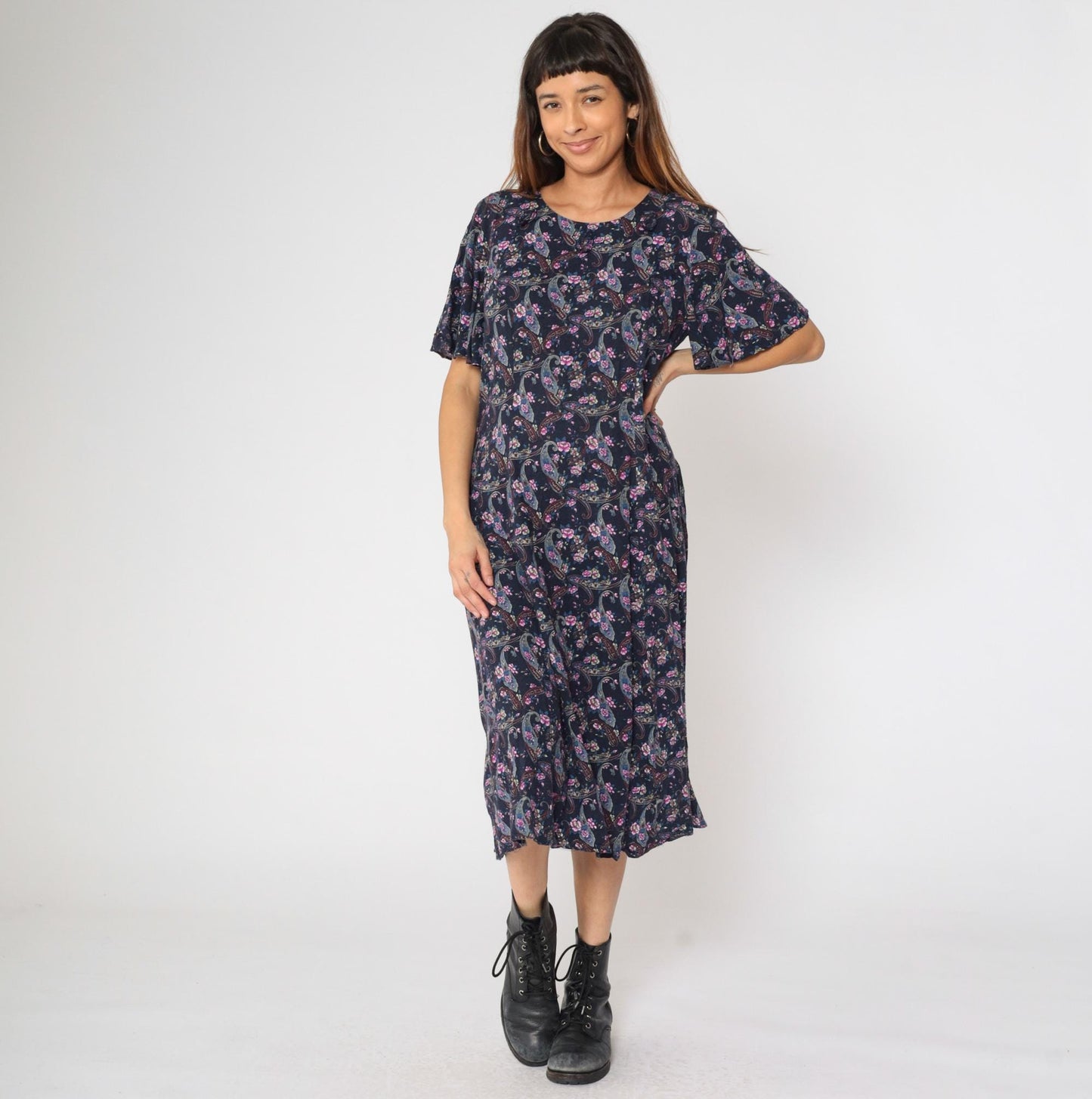 90s Kathie Lee Paisley Floral Midi Dress Dark Blue Rayon Princess Seam Medium Large