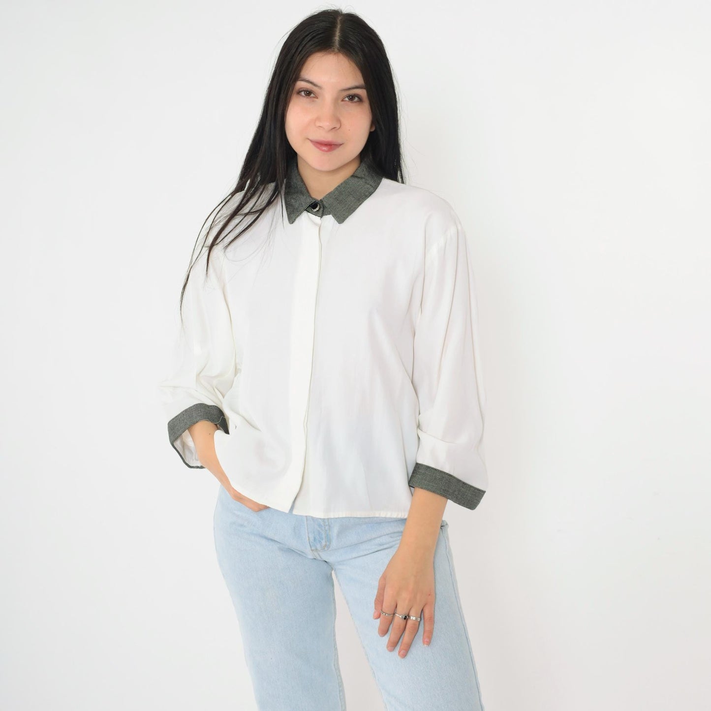 90s White Button-Up Blouse Black Check Collar Hidden Placket 3/4 Sleeve Large L