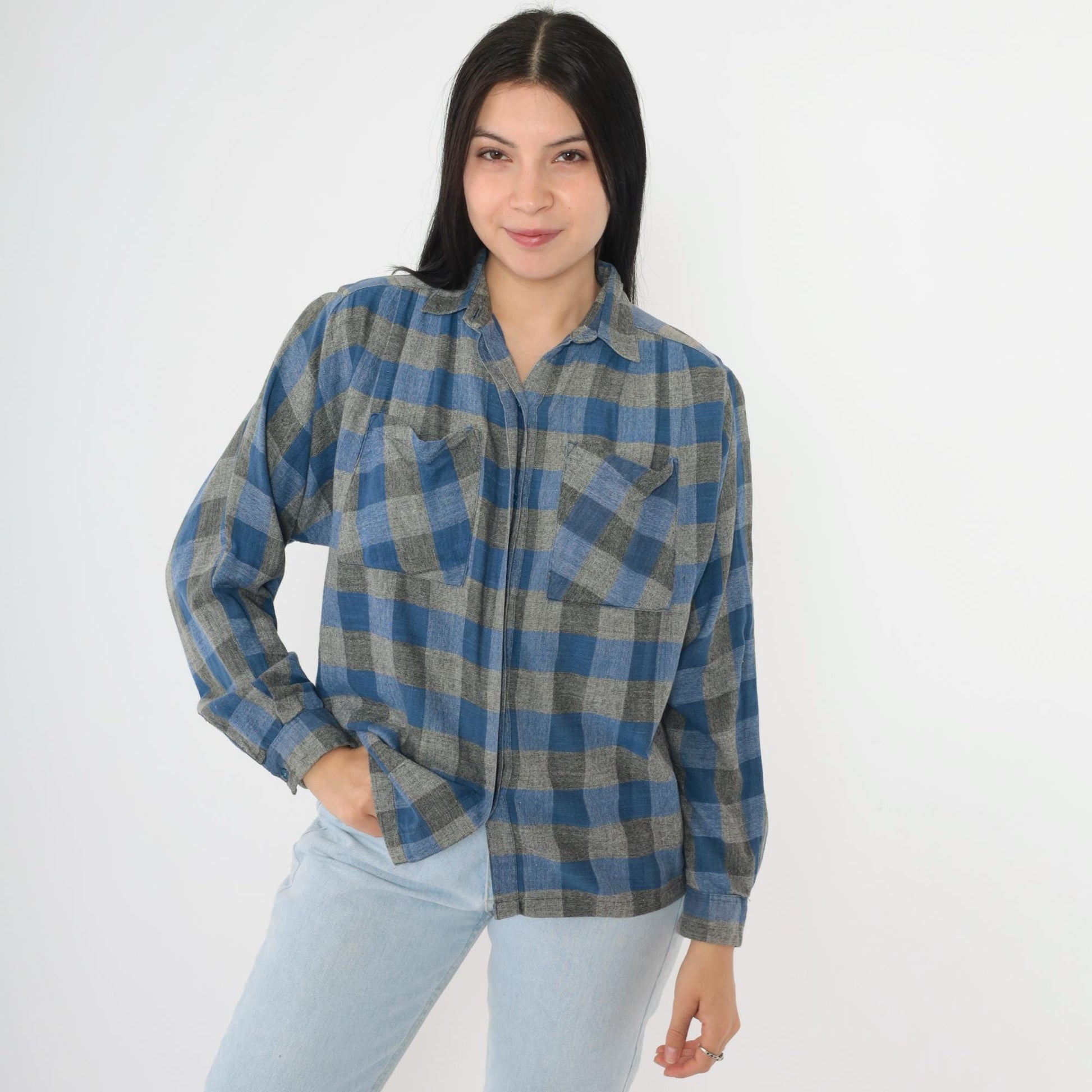 90s Buffalo Plaid Button-Up Shirt Blue Grey Checkered Cotton Small