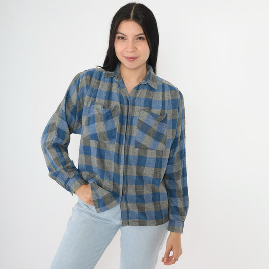 90s Buffalo Plaid Button-Up Shirt Blue Grey Checkered Cotton Small