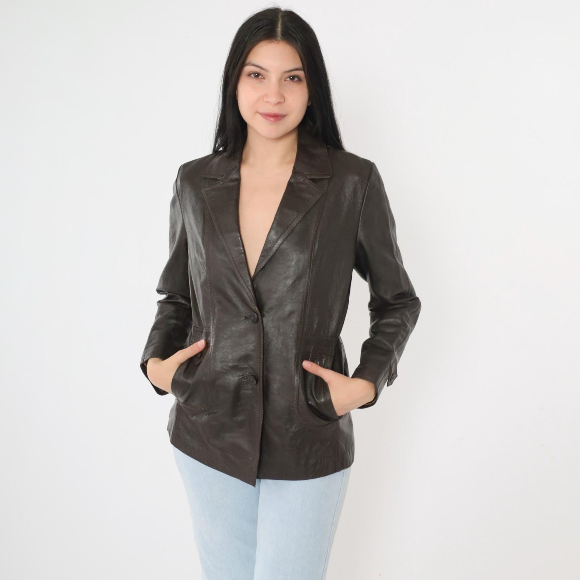 70s Golden Leaf Brown Leather Blazer V-Neck Tailored Jacket Small