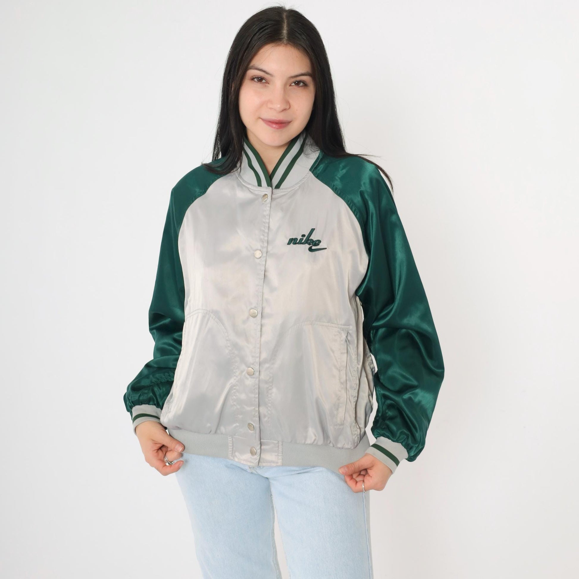 Y2K Nike Silver Satin Bomber Jacket Green Raglan Sleeve Small