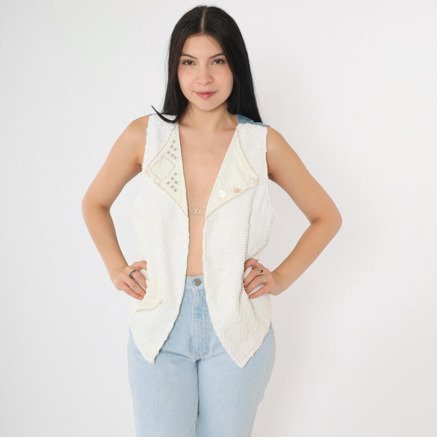 90s Reversible Vest White Nubby Texture Floral Chambray Denim Medium M