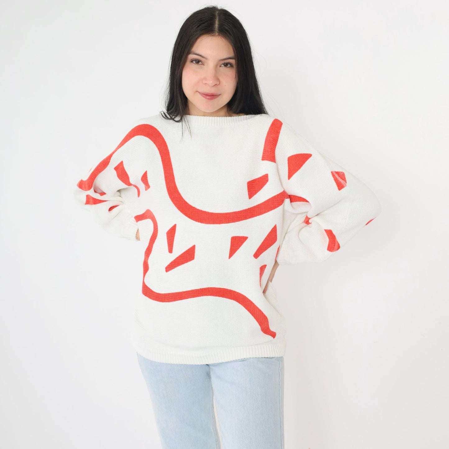 80s Richard & Co. Cotton Sweater Red Abstract Geometric Print Boatneck Small S
