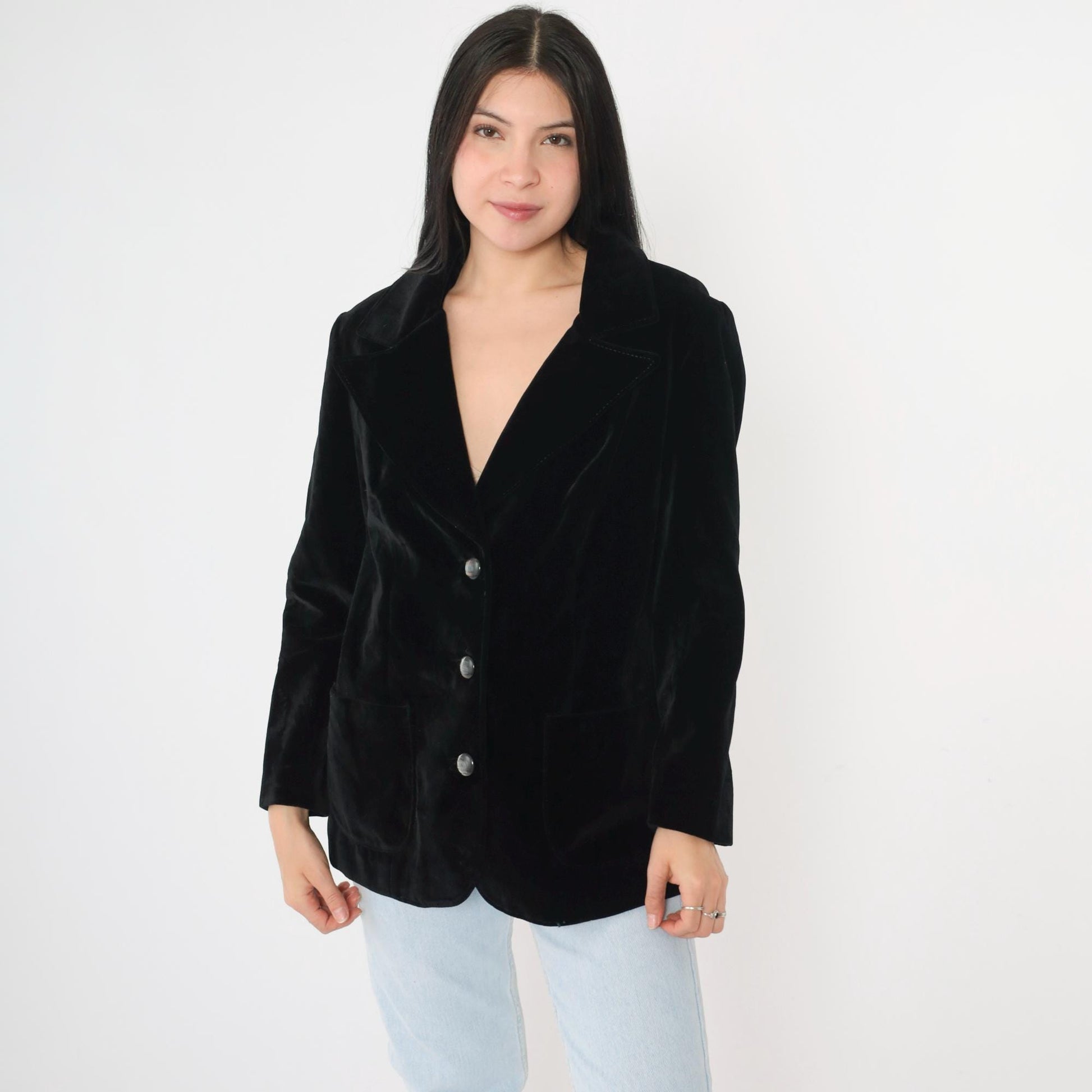 80s Black Velvet Blazer Tailored Button-Up Jacket Medium