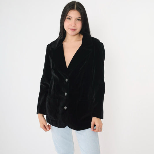 80s Black Velvet Blazer Tailored Button-Up Jacket Medium