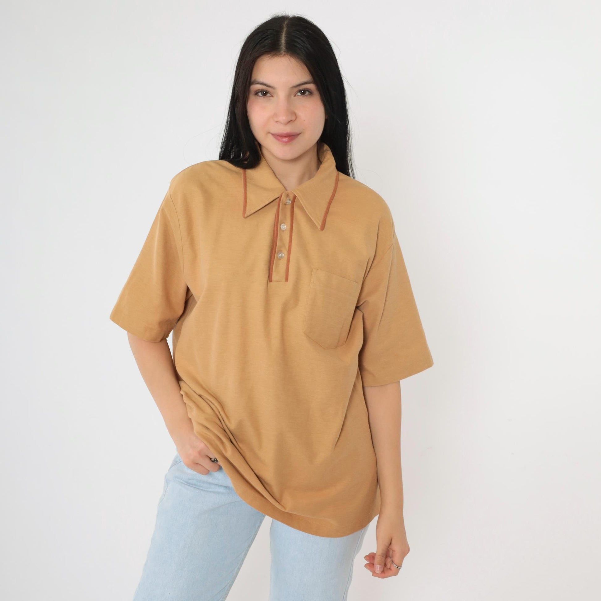 70s Tan Polo Shirt Brown Trim Collared Short Sleeve Men's Large