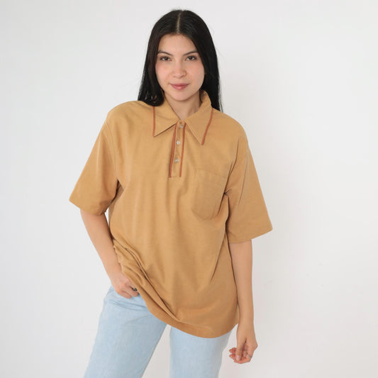 70s Tan Polo Shirt Brown Trim Collared Short Sleeve Men's Large