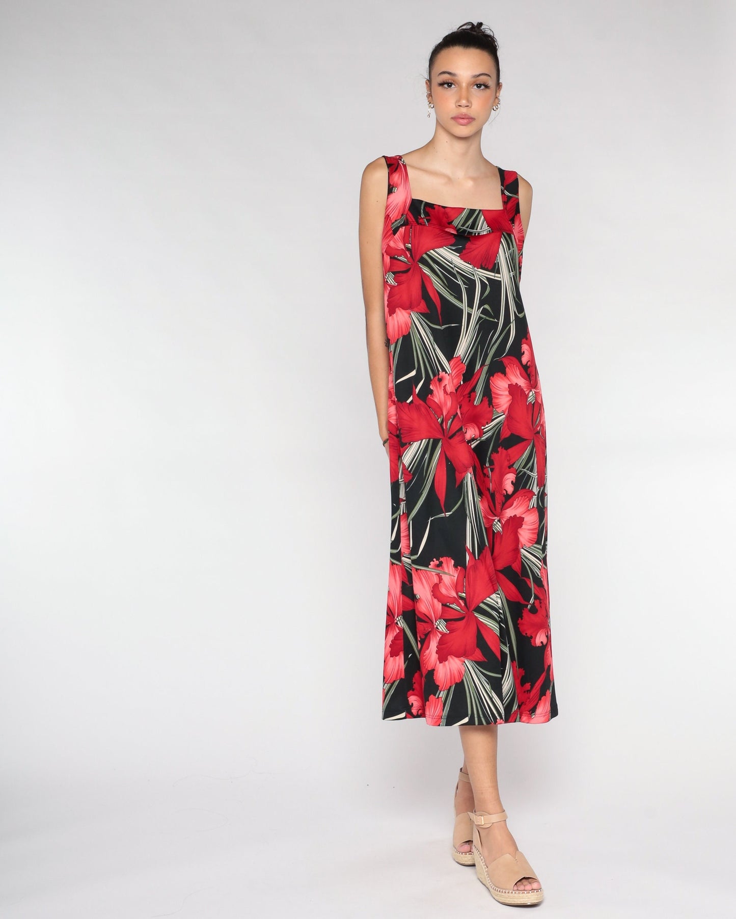 90s Black Floral Midi Dress Orchid Print Sleeveless Extra Large XXL