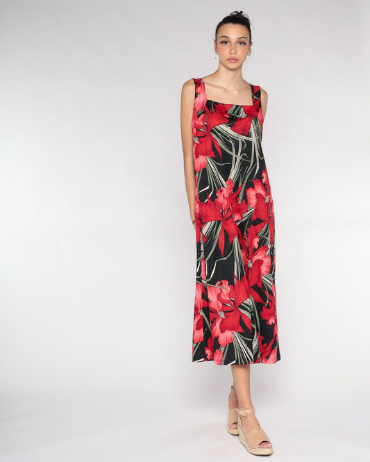 90s Black Floral Midi Dress Orchid Print Sleeveless Extra Large XXL