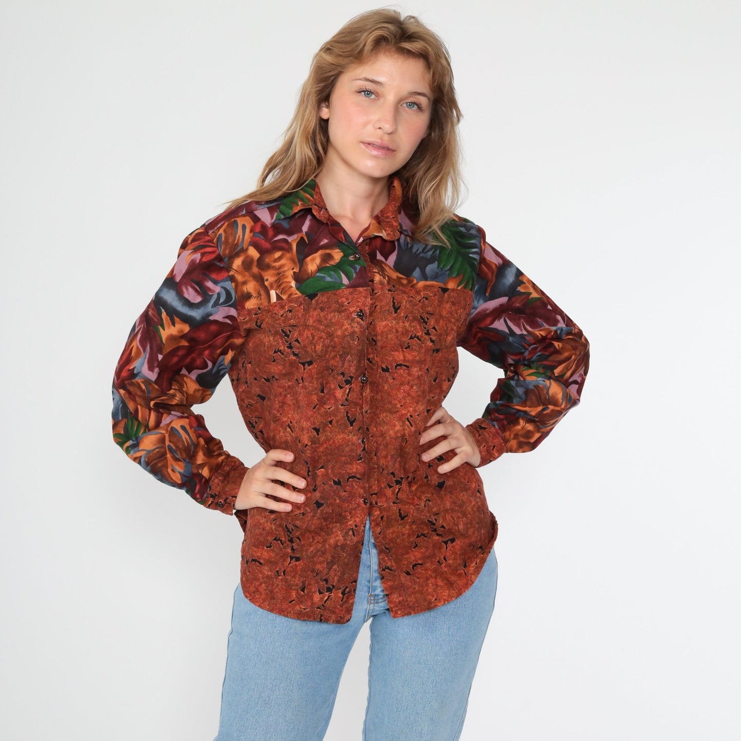 90s Elephant Safari Jungle Animal Print Button-Up Blouse Burnt Orange Medium