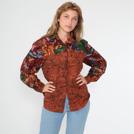 90s Elephant Safari Jungle Animal Print Button-Up Blouse Burnt Orange Medium