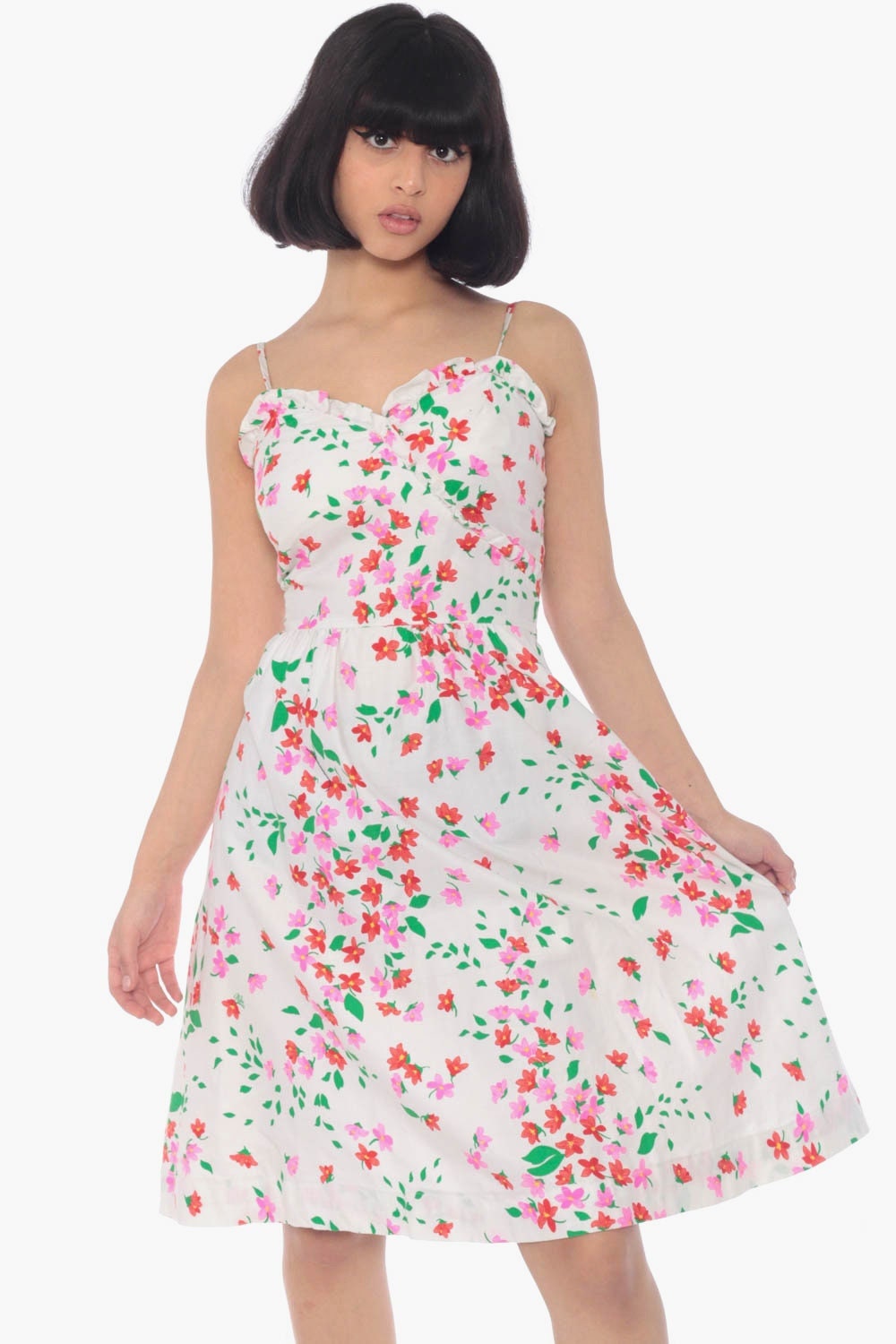 70s White Floral Midi Sundress Pink Red Print High Waist Spaghetti Strap Extra Small