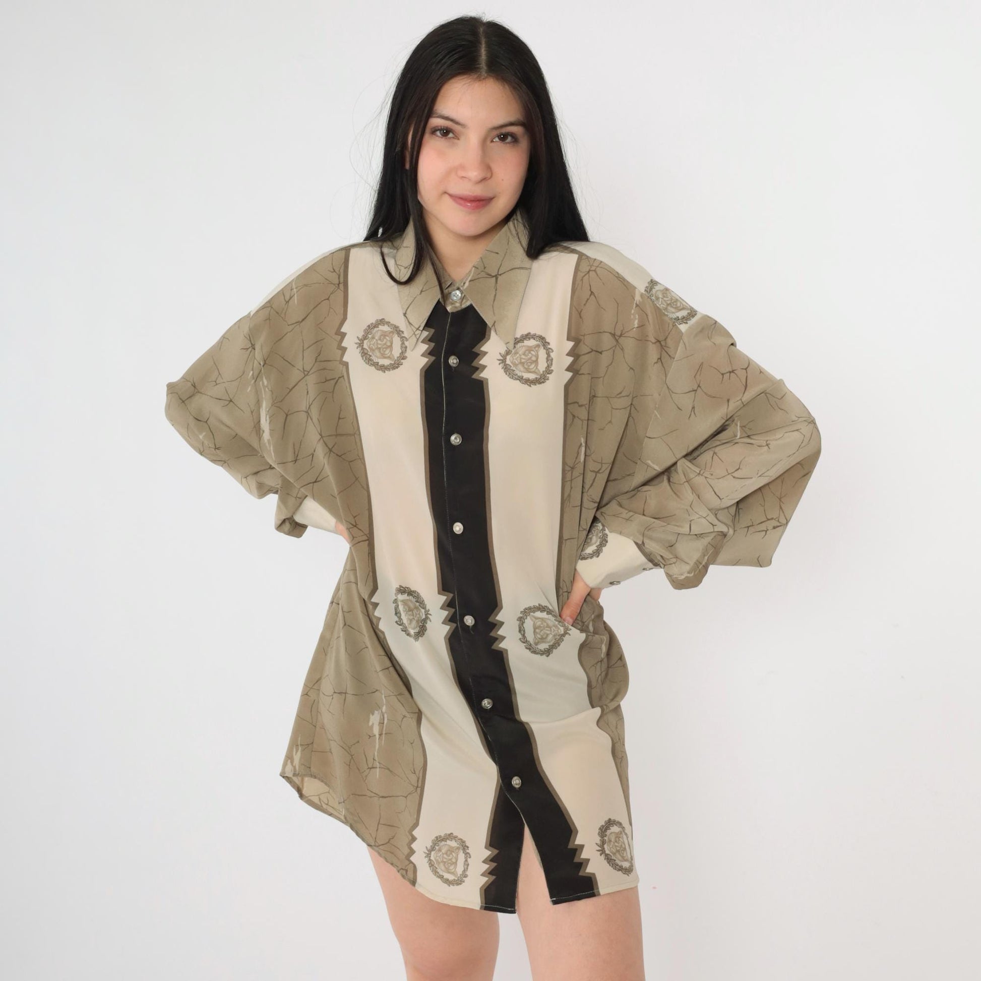90s Platini Jeans Cougar Emblem Button-Up Shirt Tan Crackle Print Extra Large XL