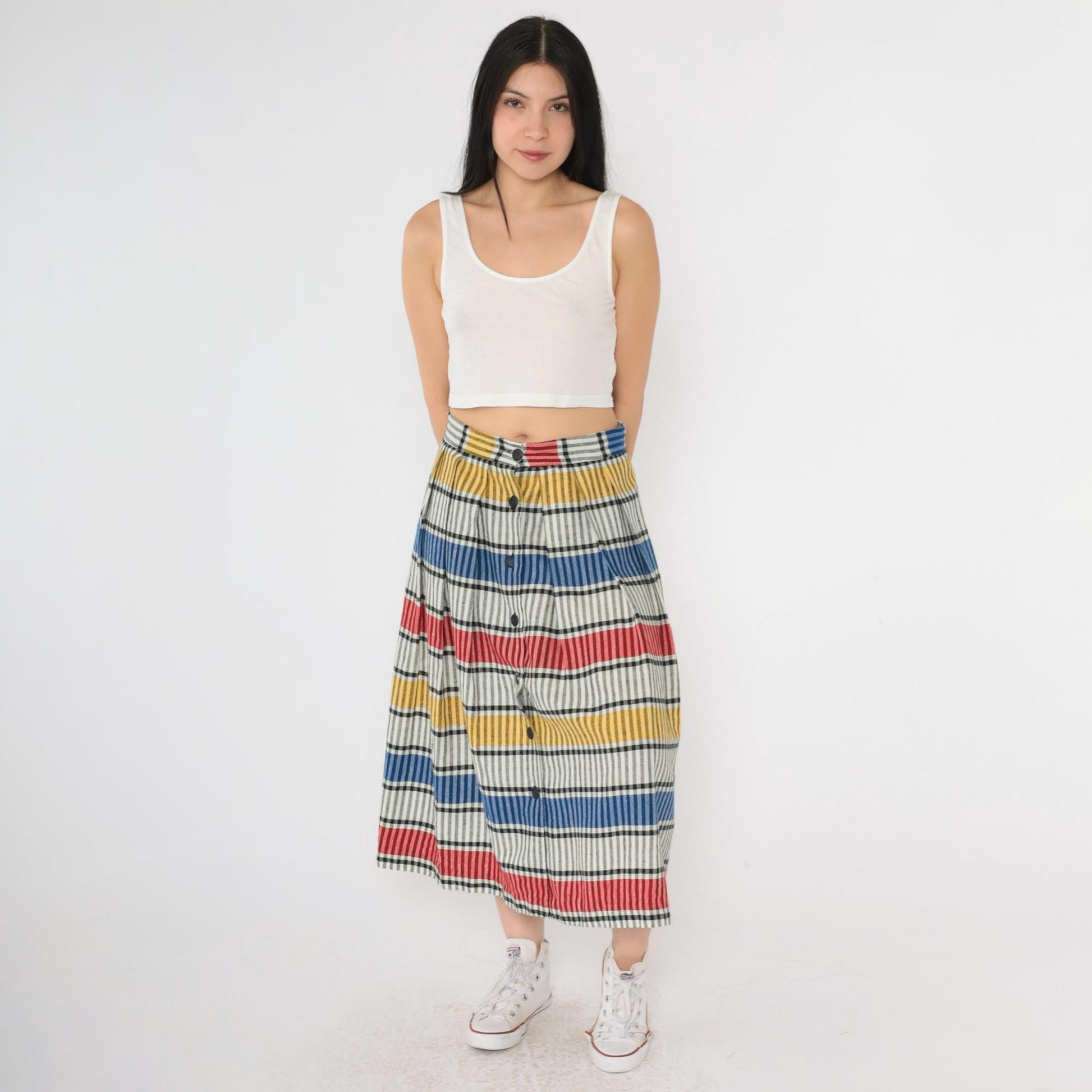 80s Striped Button-Up Midi Skirt High Waist Red Yellow Blue Small