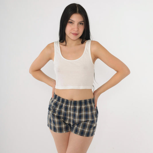 1950s Fraternity Prep Plaid Swim Shorts Blue Tan Cream Small S