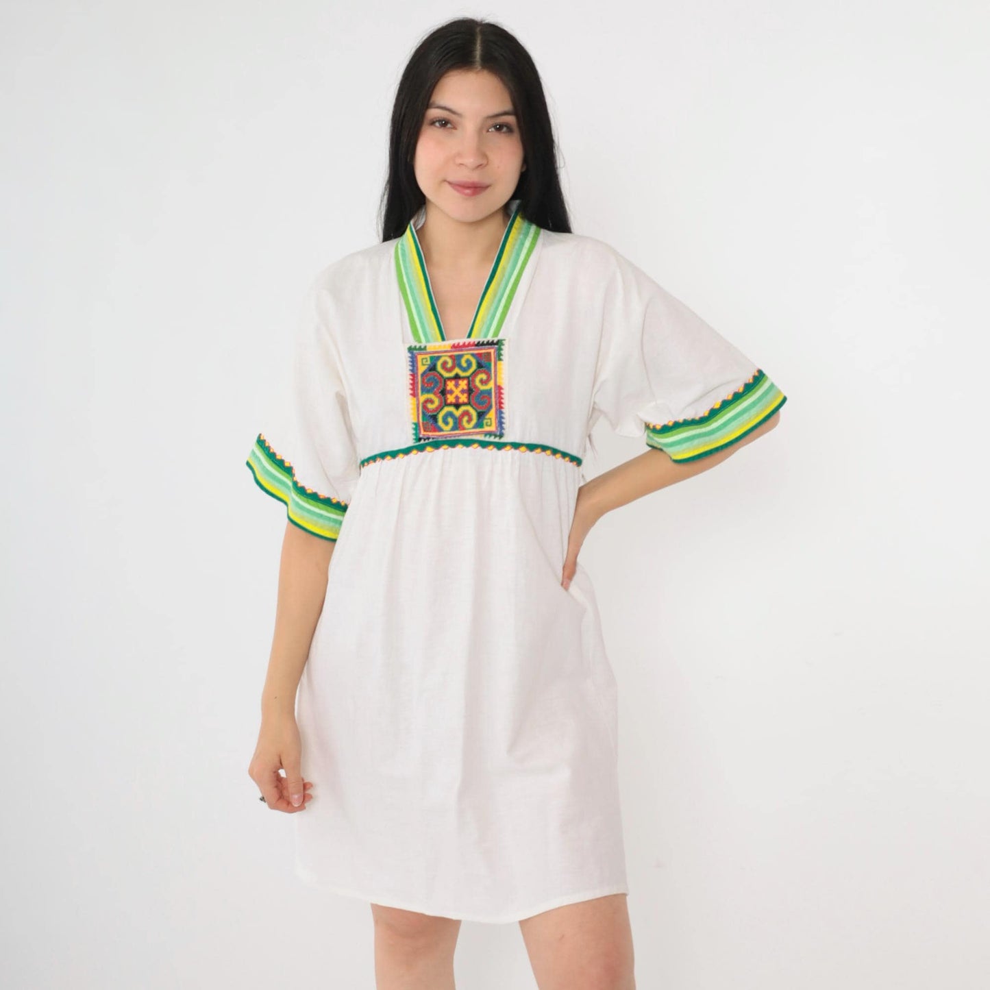 Y2K White Cotton Babydoll Dress Geometric Embroidery Empire Waist Small S