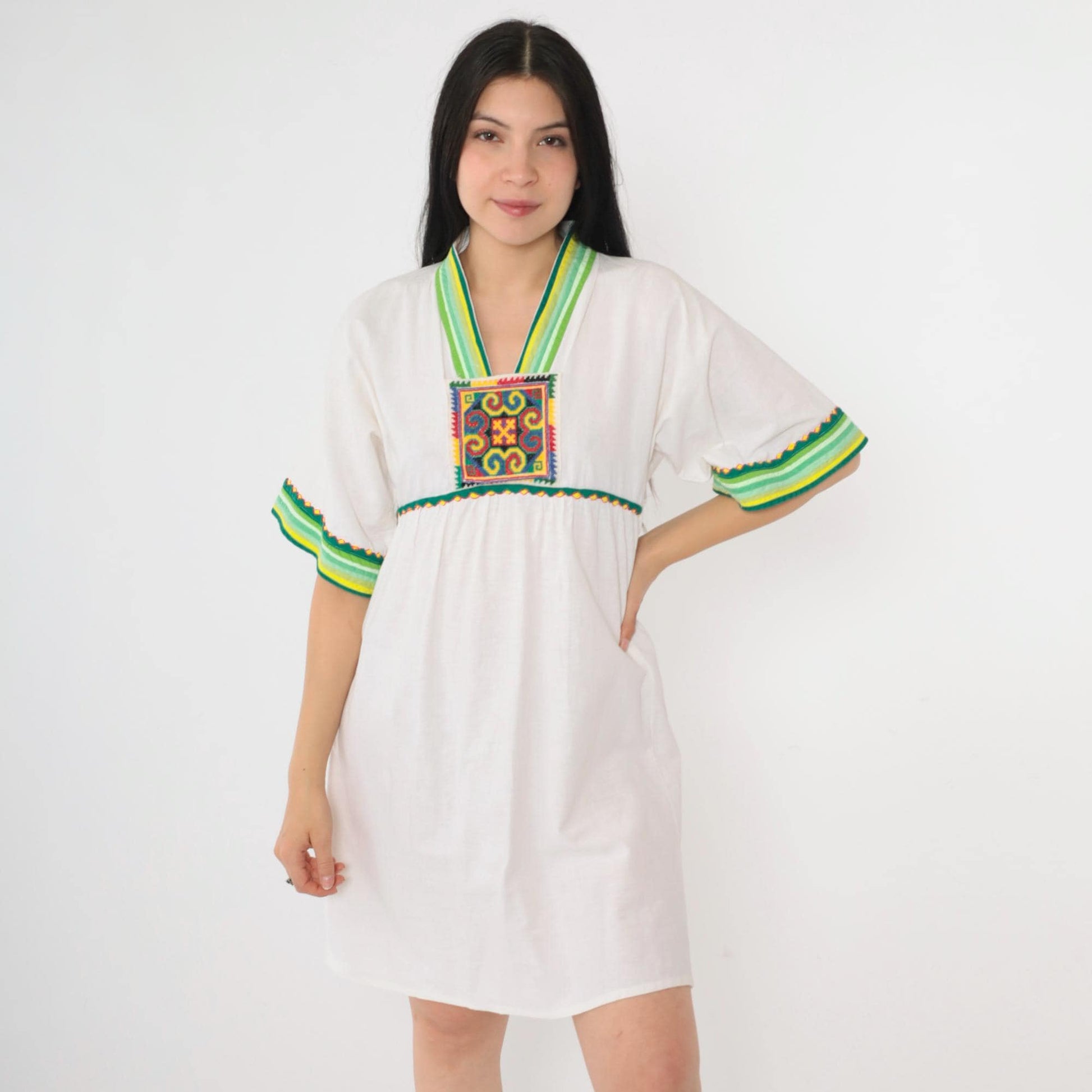 Y2K White Cotton Babydoll Dress Geometric Embroidery Empire Waist Small S