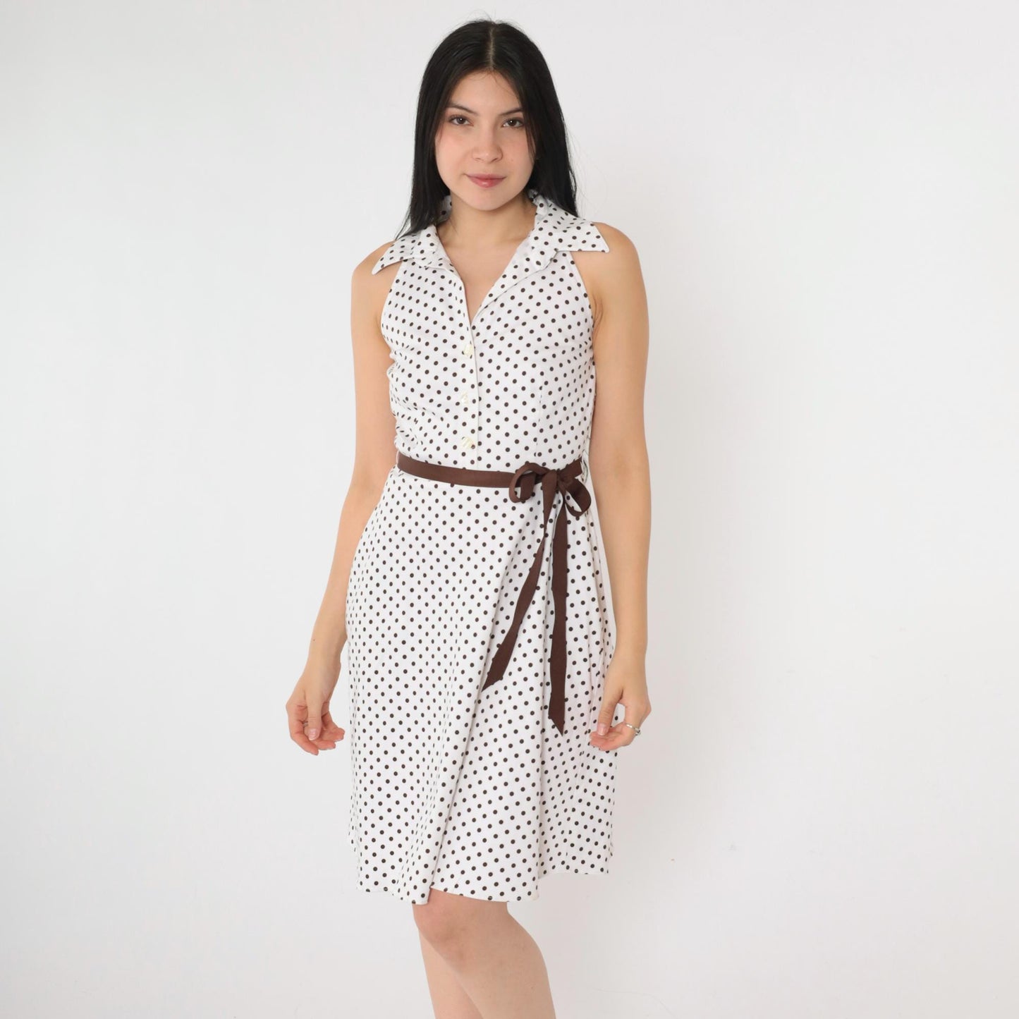00s White Polka Dot Halter Mini Dress Brown Belt Button-Up Small 6