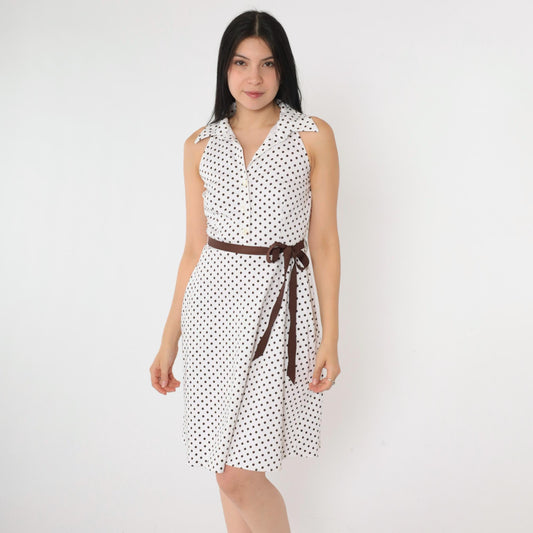 00s White Polka Dot Halter Mini Dress Brown Belt Button-Up Small 6