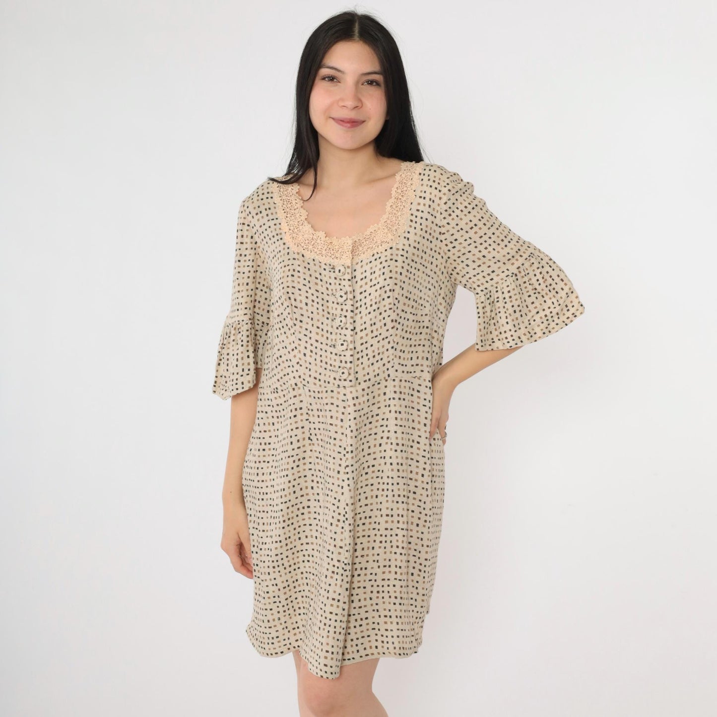Y2K Beige Mini Dress Square Neckline Crochet Lace Bell Sleeve Button Up Medium M