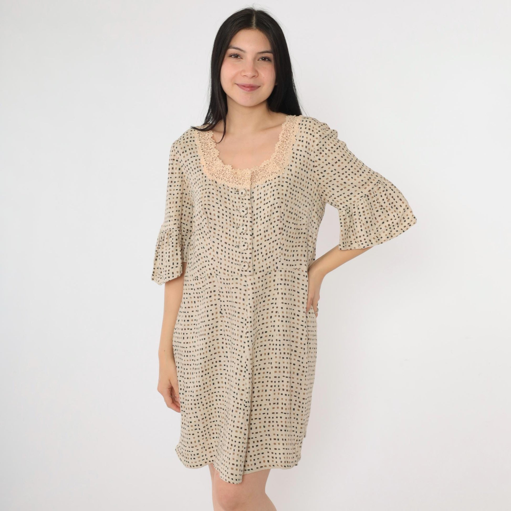 Y2K Beige Mini Dress Square Neckline Crochet Lace Bell Sleeve Button Up Medium M