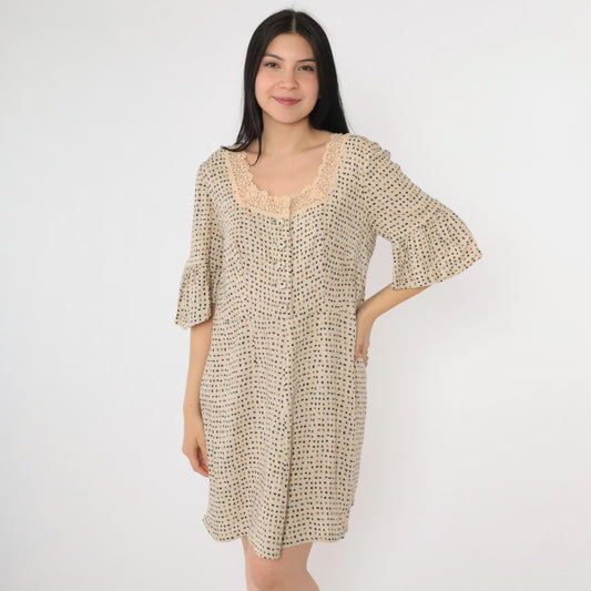 Y2K Beige Mini Dress Square Neckline Crochet Lace Bell Sleeve Button Up Medium M