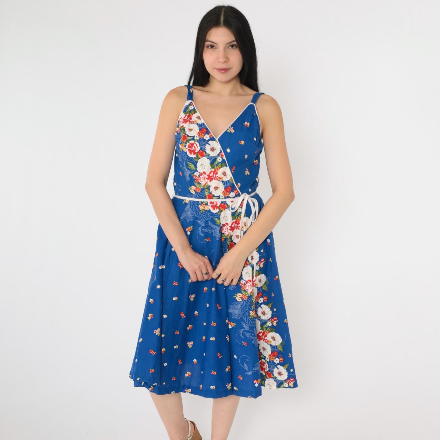 80s Royal Blue Floral Midi Dress Smocked High Waist V Neck Sleeveless Small