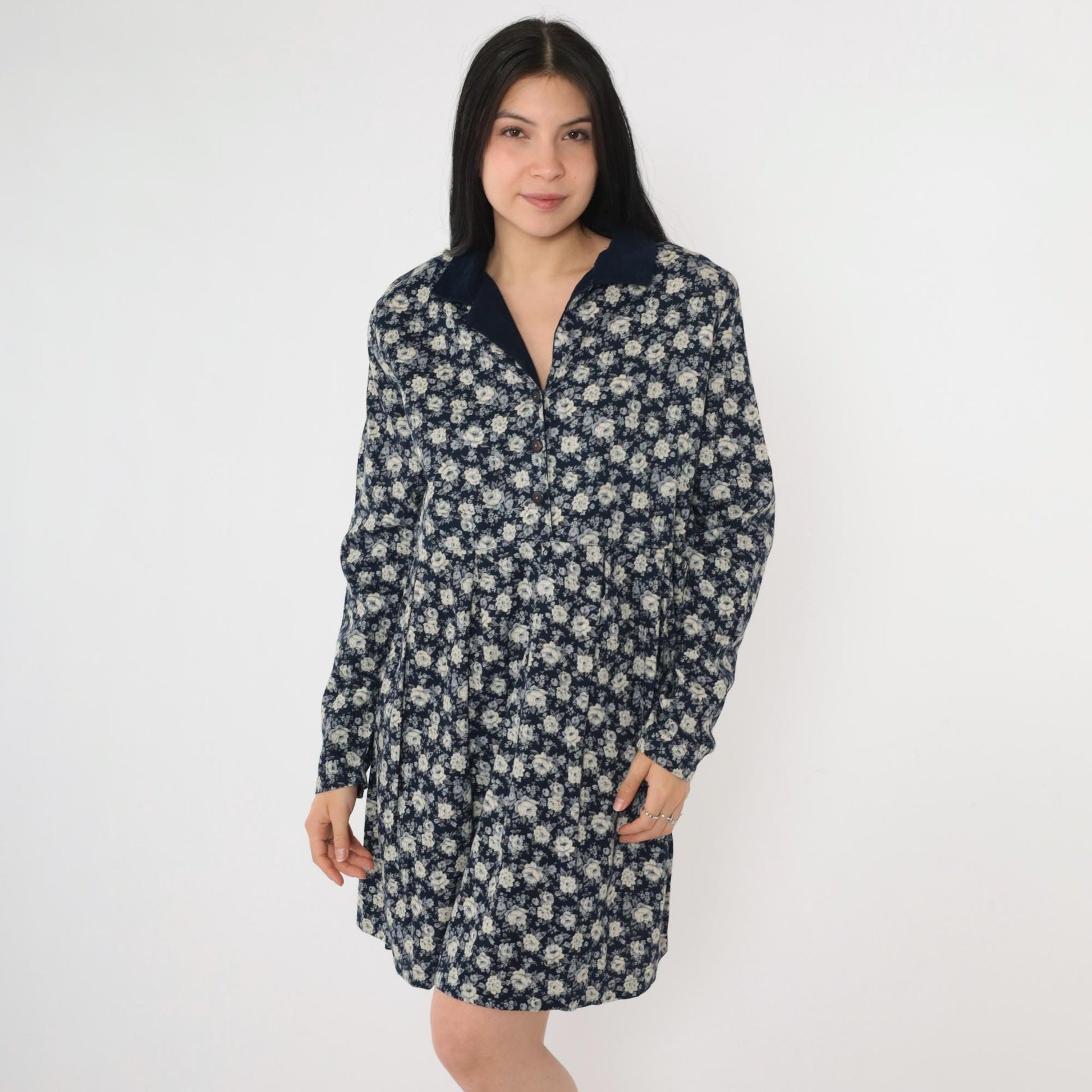 90s Navy Floral Button-Up Dress Corduroy Collar Long Sleeve Mini Extra Large