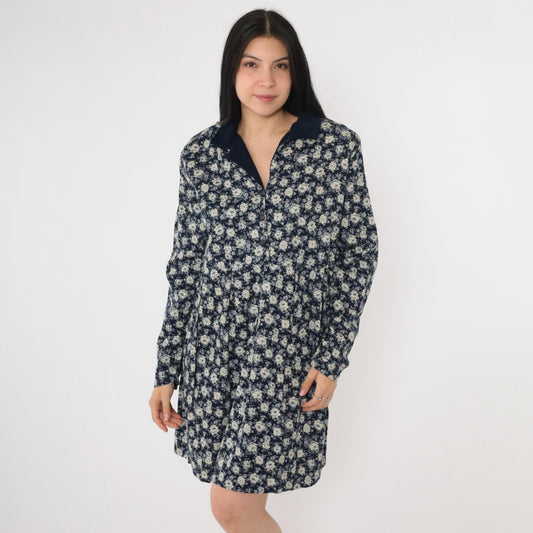 90s Navy Floral Button-Up Dress Corduroy Collar Long Sleeve Mini Extra Large