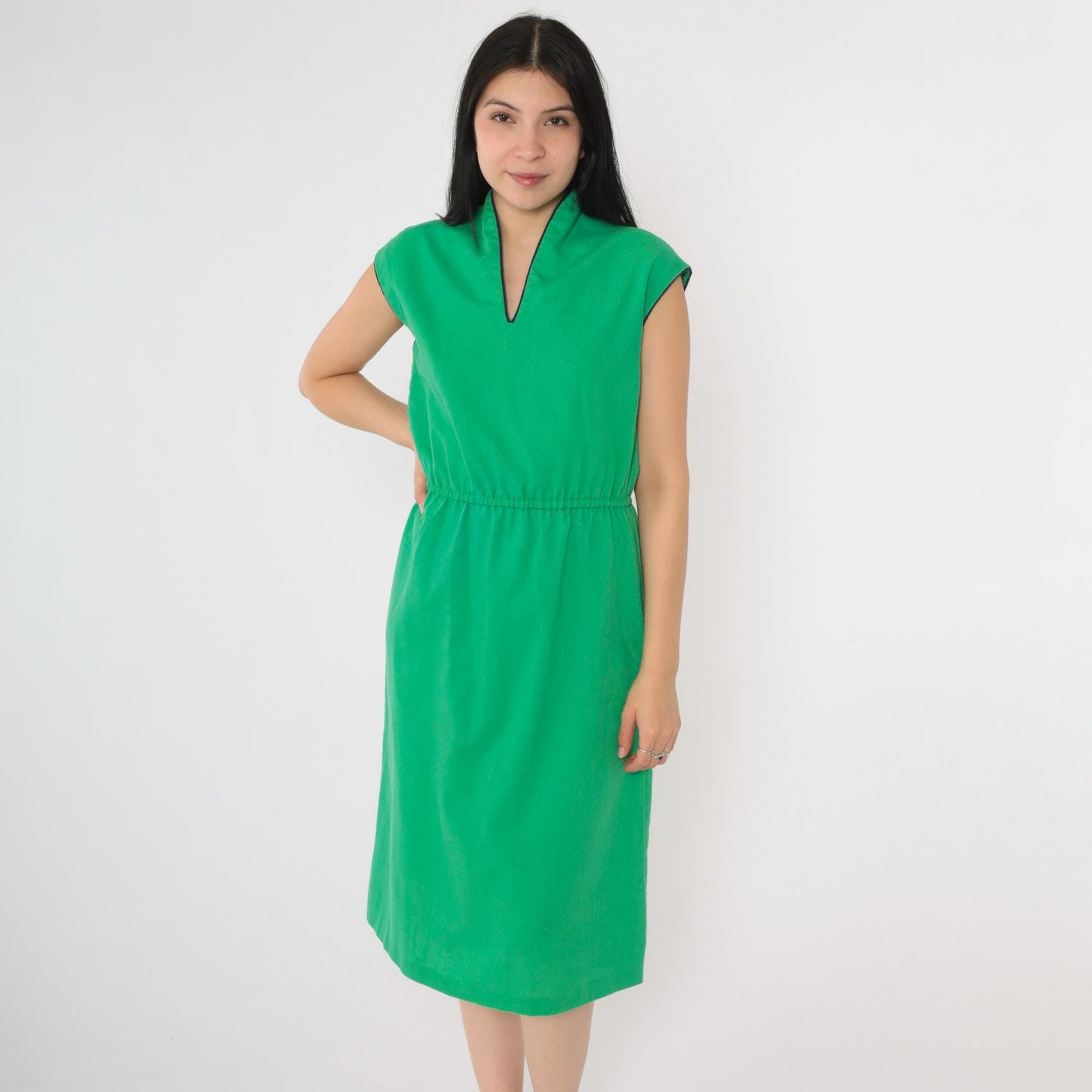 70s Green V-Neck Midi Dress Navy Trim Cap Sleeves A-Line Small