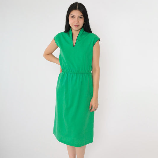 70s Green V-Neck Midi Dress Navy Trim Cap Sleeves A-Line Small