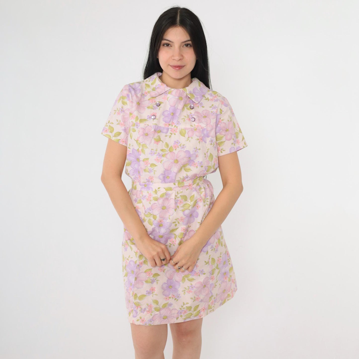 60s Floral Shift Mini Dress Pink Purple Short Sleeve Belted Medium M