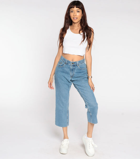 LL Bean 90s High-Waist Cropped Jeans Blue Denim Bootcut Petite 8