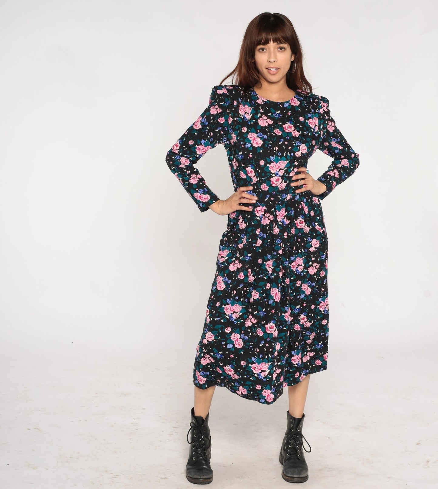 90s Black Floral Midi Dress Power Shoulders Pockets Long Sleeve Medium 10